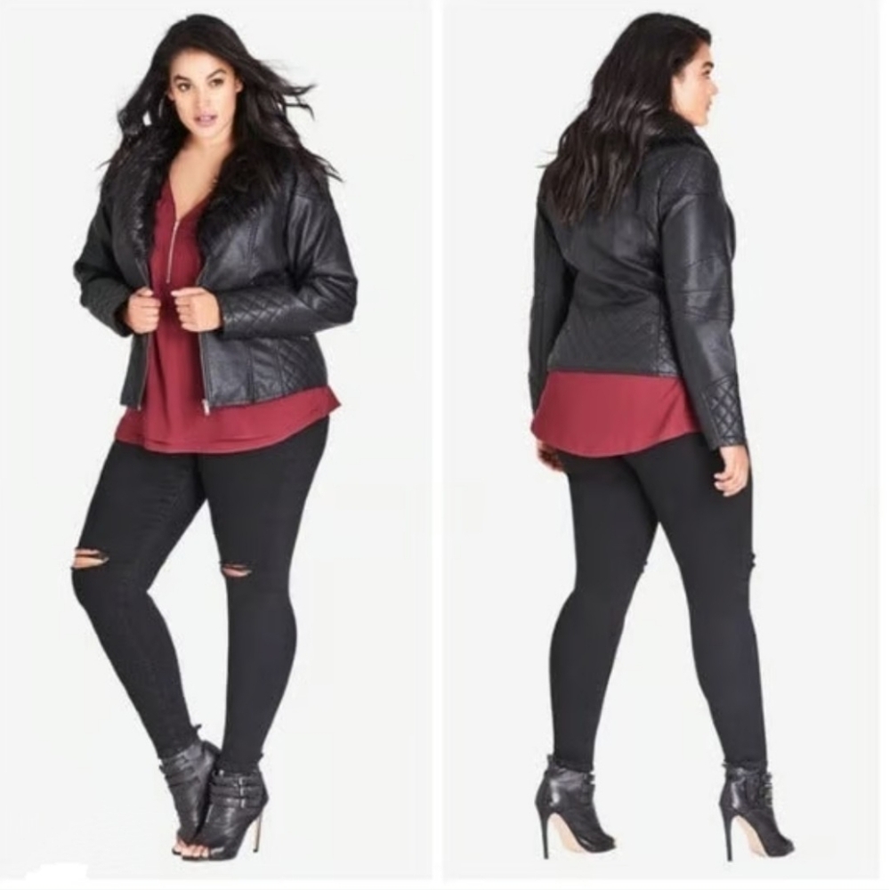 🏷️City Chic Faux Fur Madness Panther Black Moto Vegan Leather Jacket Size 18